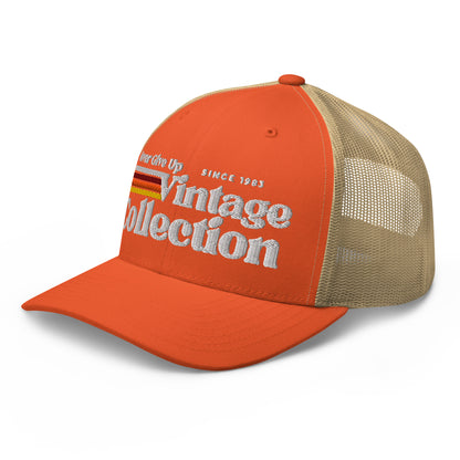 Retro Collection Trucker Cap with orange front and tan mesh back.
