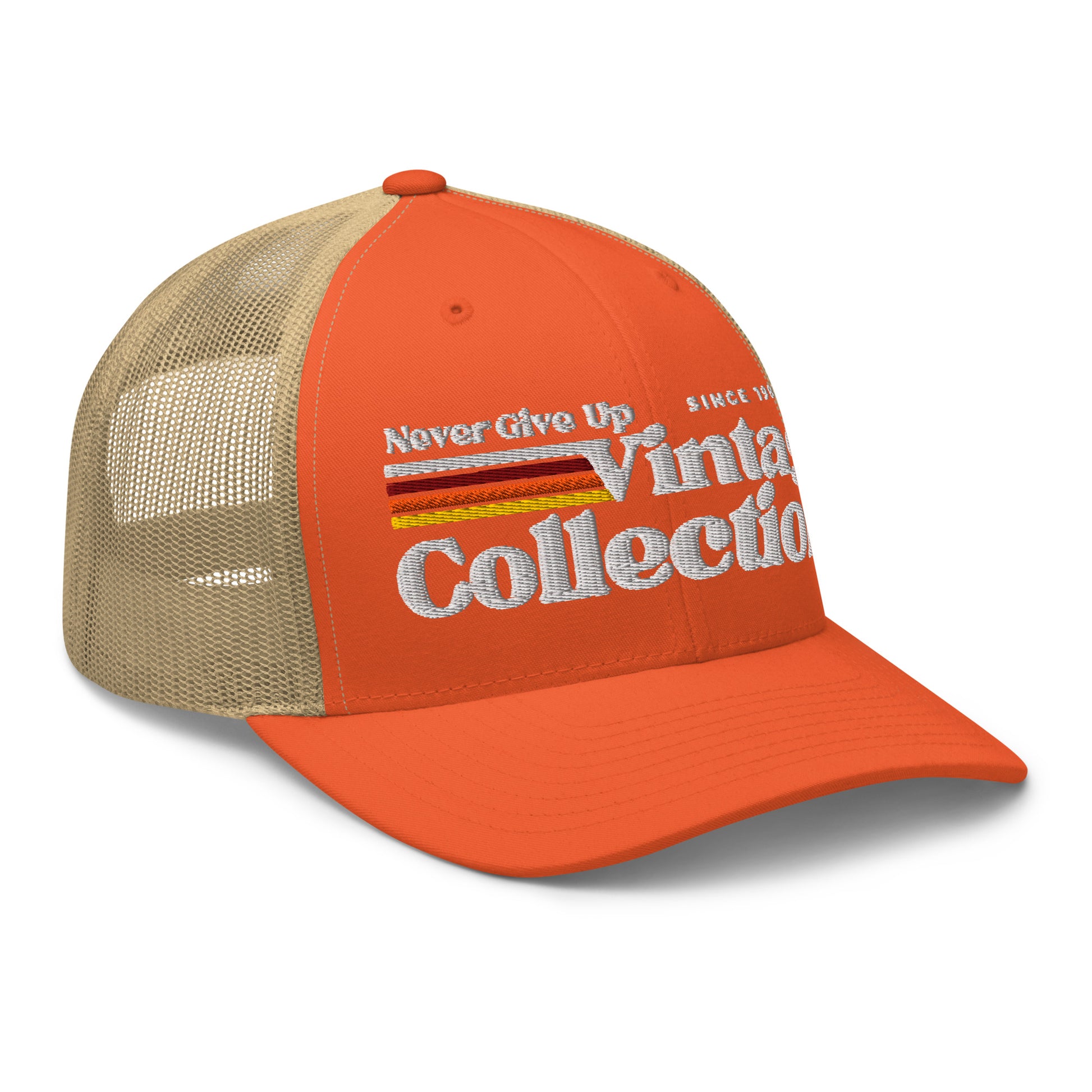 Retro Collection Trucker Cap with orange front and tan mesh back.