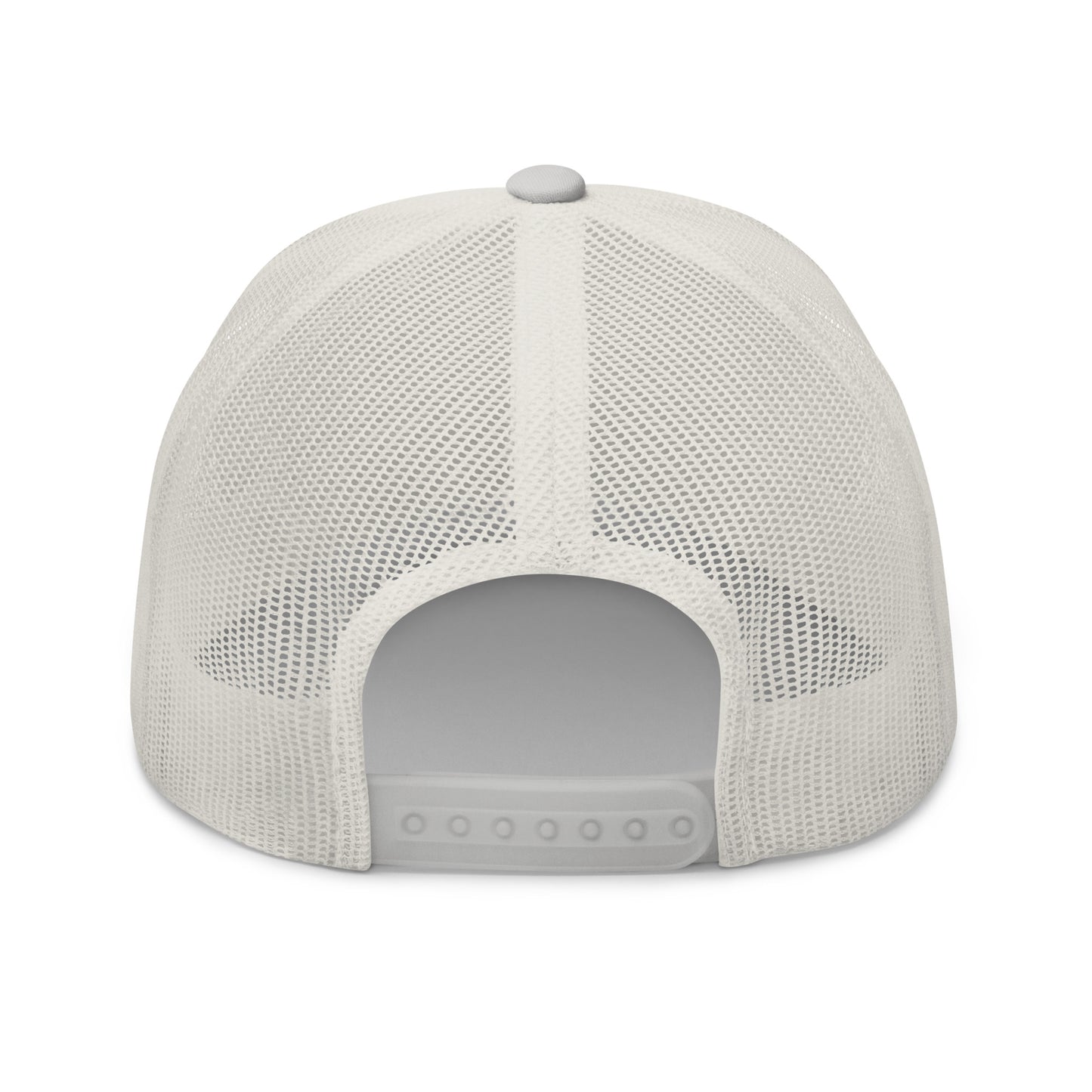 Trucker cap with a white mesh back and adjustable strap.