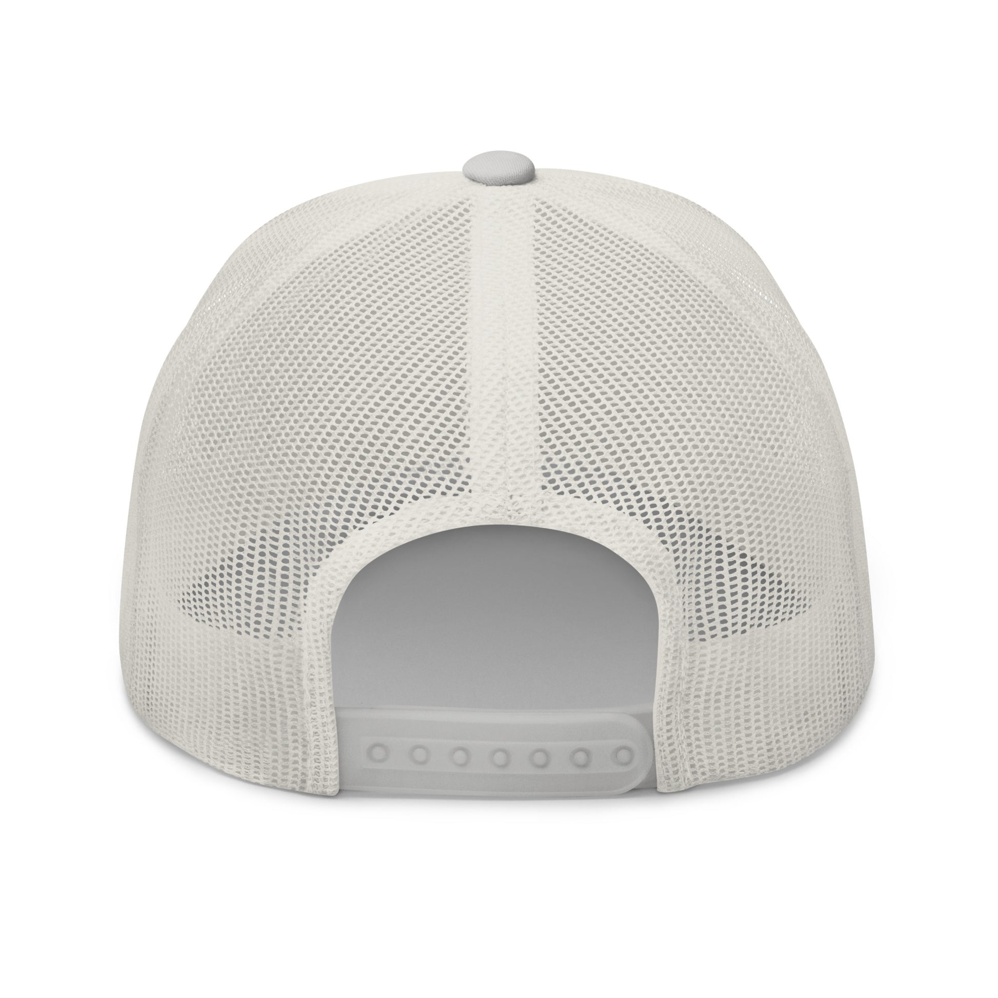 Trucker cap with a white mesh back and adjustable strap.