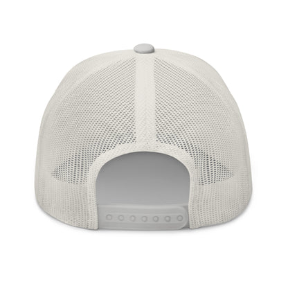 Trucker cap with a white mesh back and adjustable strap.