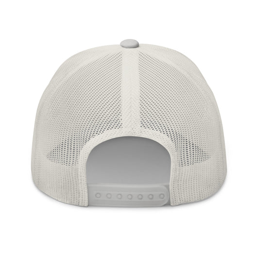 Trucker cap with a white mesh back and adjustable strap.