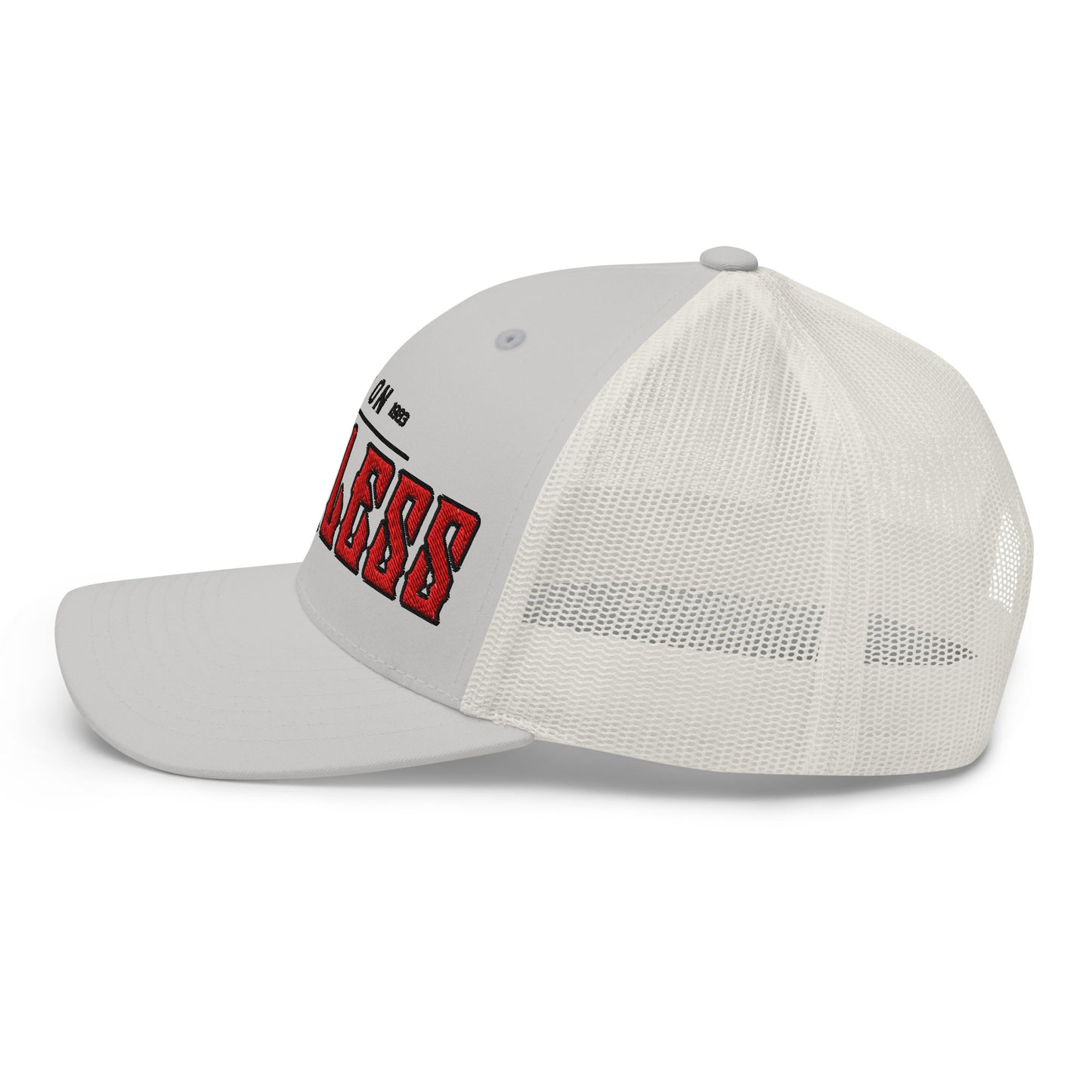A light gray trucker cap with red lettering and a white mesh back.