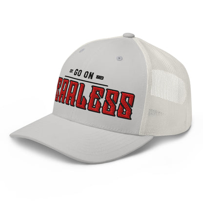 A light gray trucker cap with red "FEARLESS" embroidery and a white mesh back.