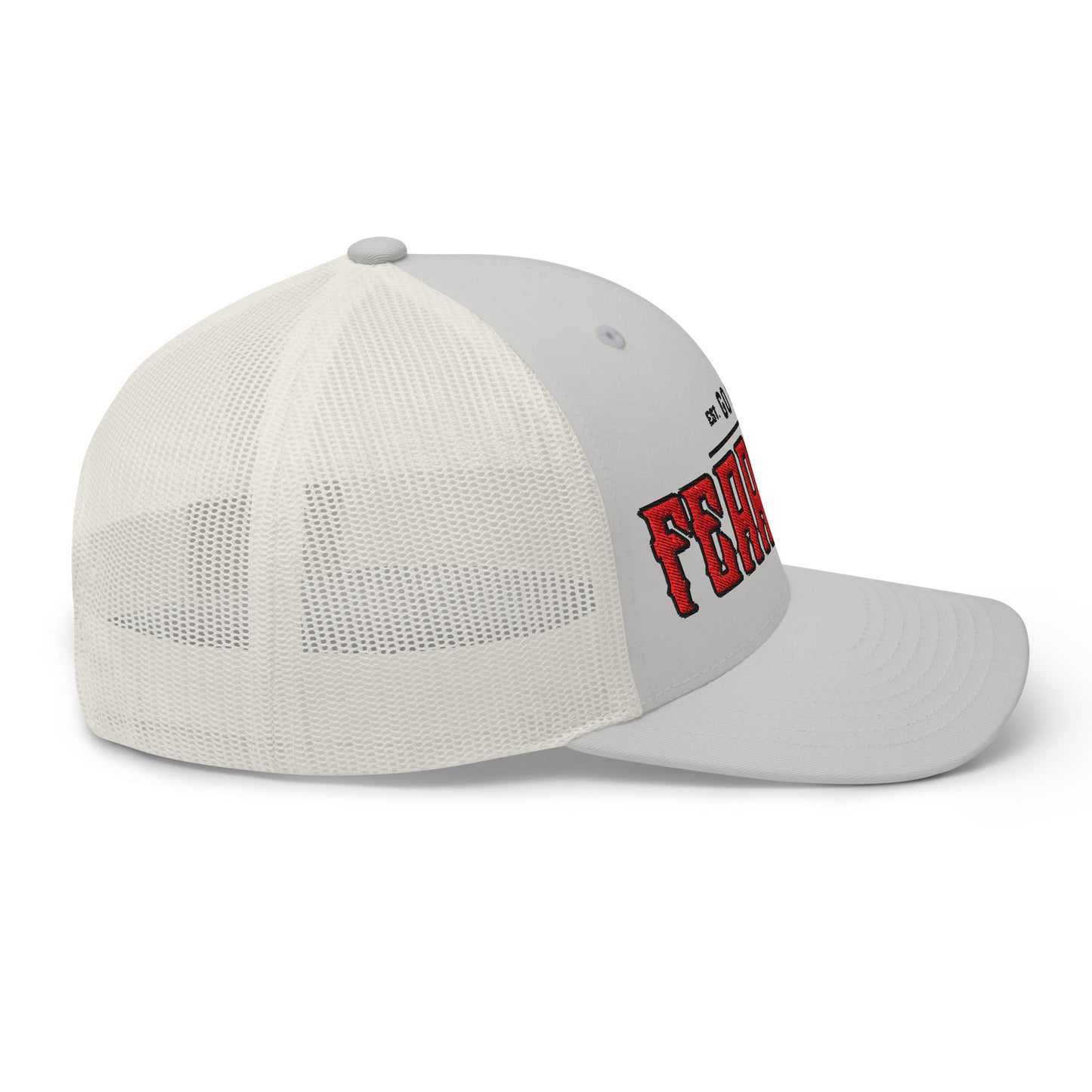 A light gray trucker cap with a white mesh back and red embroidered text.