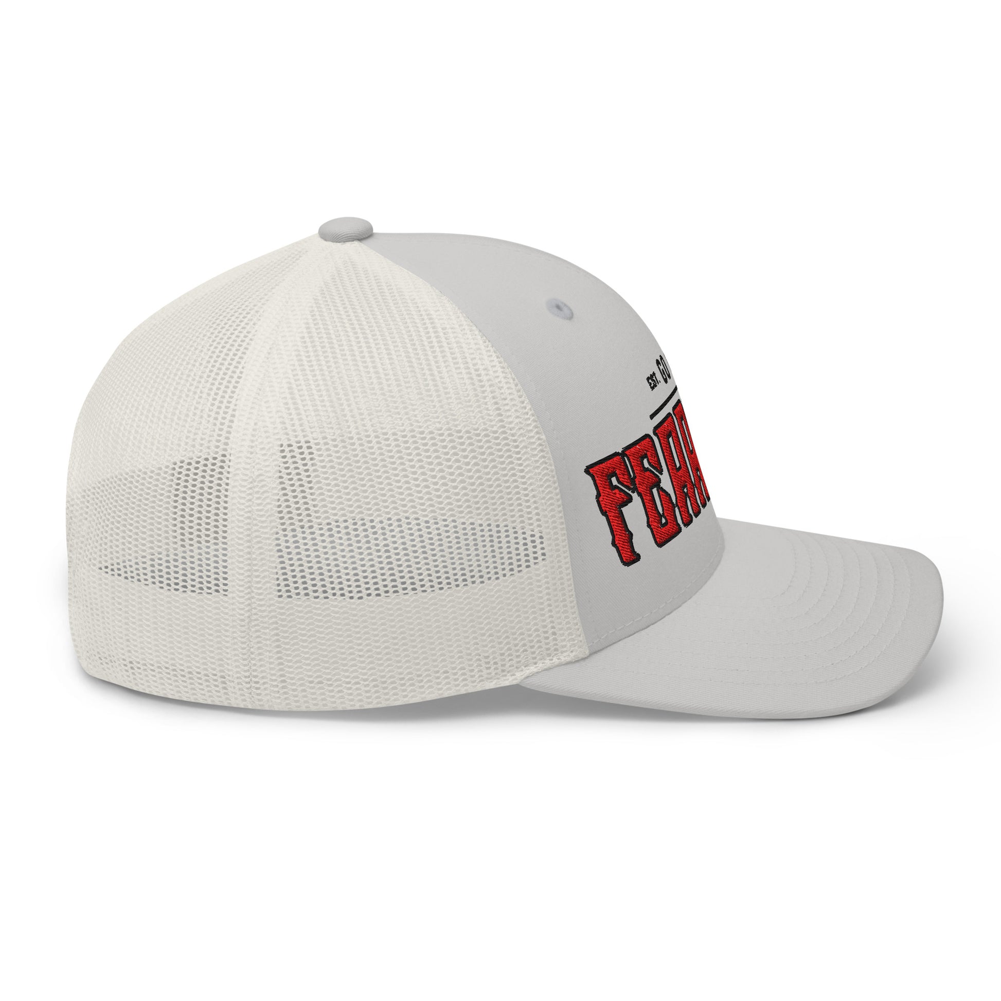 A light gray trucker cap with a white mesh back and red embroidered text.