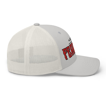 A light gray trucker cap with a white mesh back and red embroidered text.