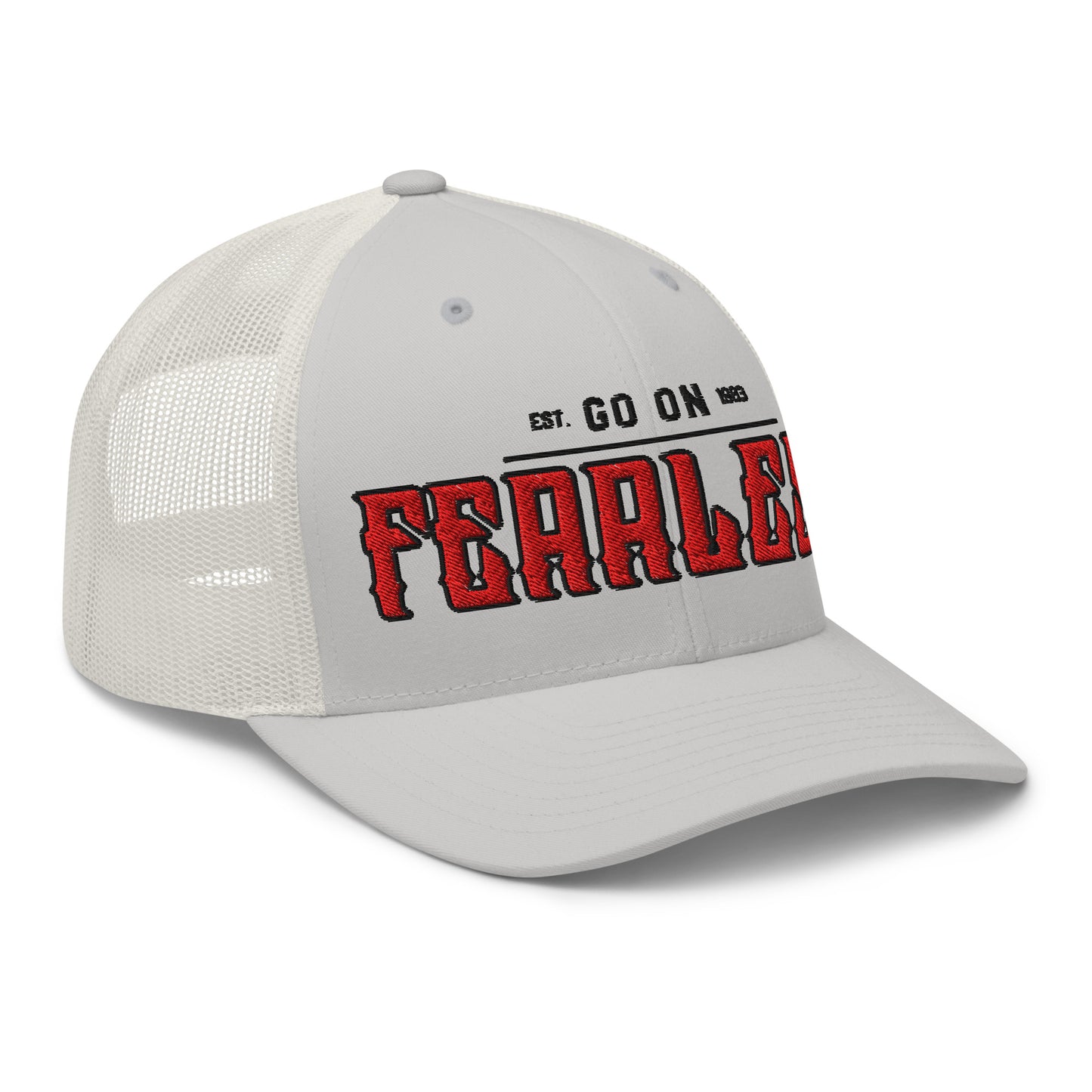 A light gray trucker cap with a white mesh back and "FEARLESS" embroidered in red.