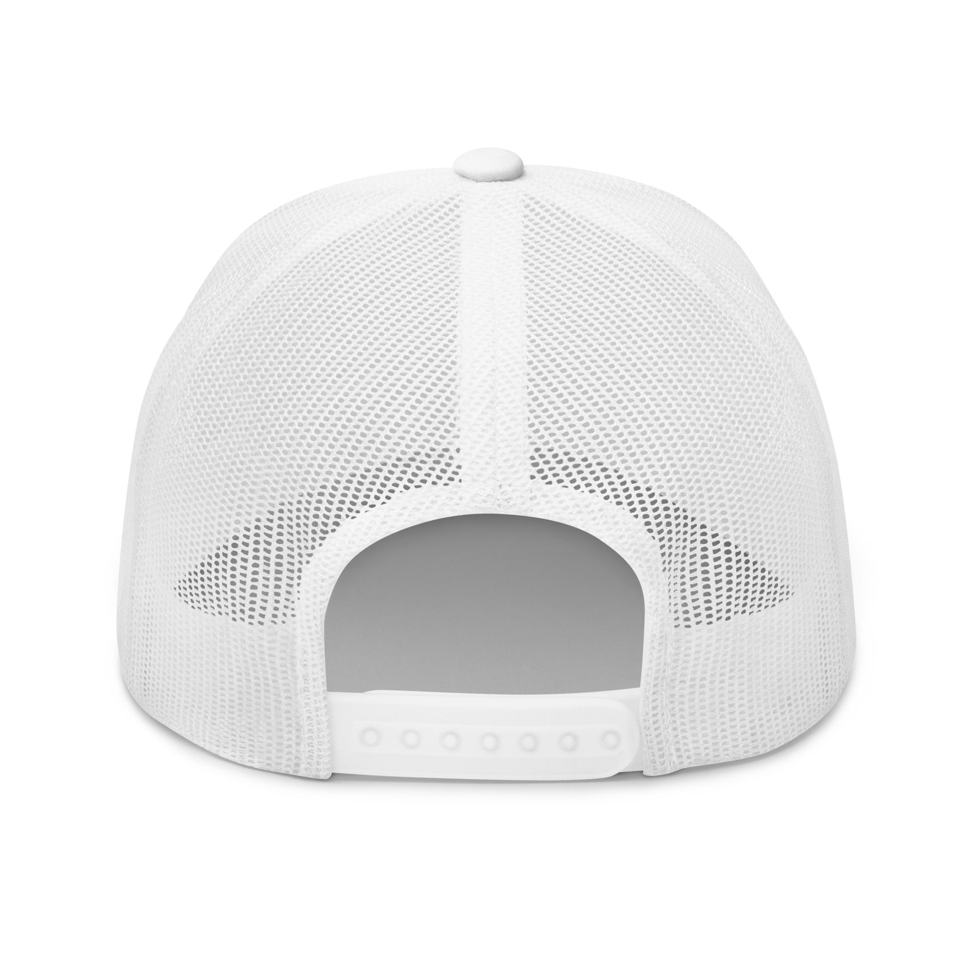 White mesh trucker cap with adjustable snapback closure.