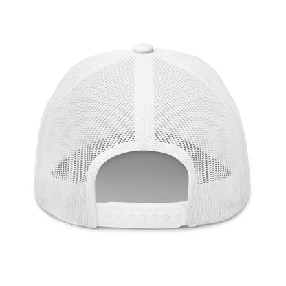 White mesh trucker cap with adjustable snapback closure.