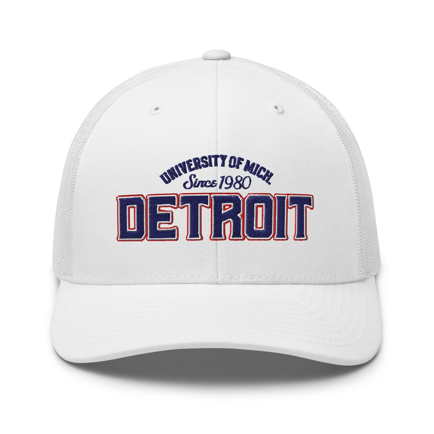White trucker cap with "University of Mich. Since 1980 Detroit" embroidered on the front.
