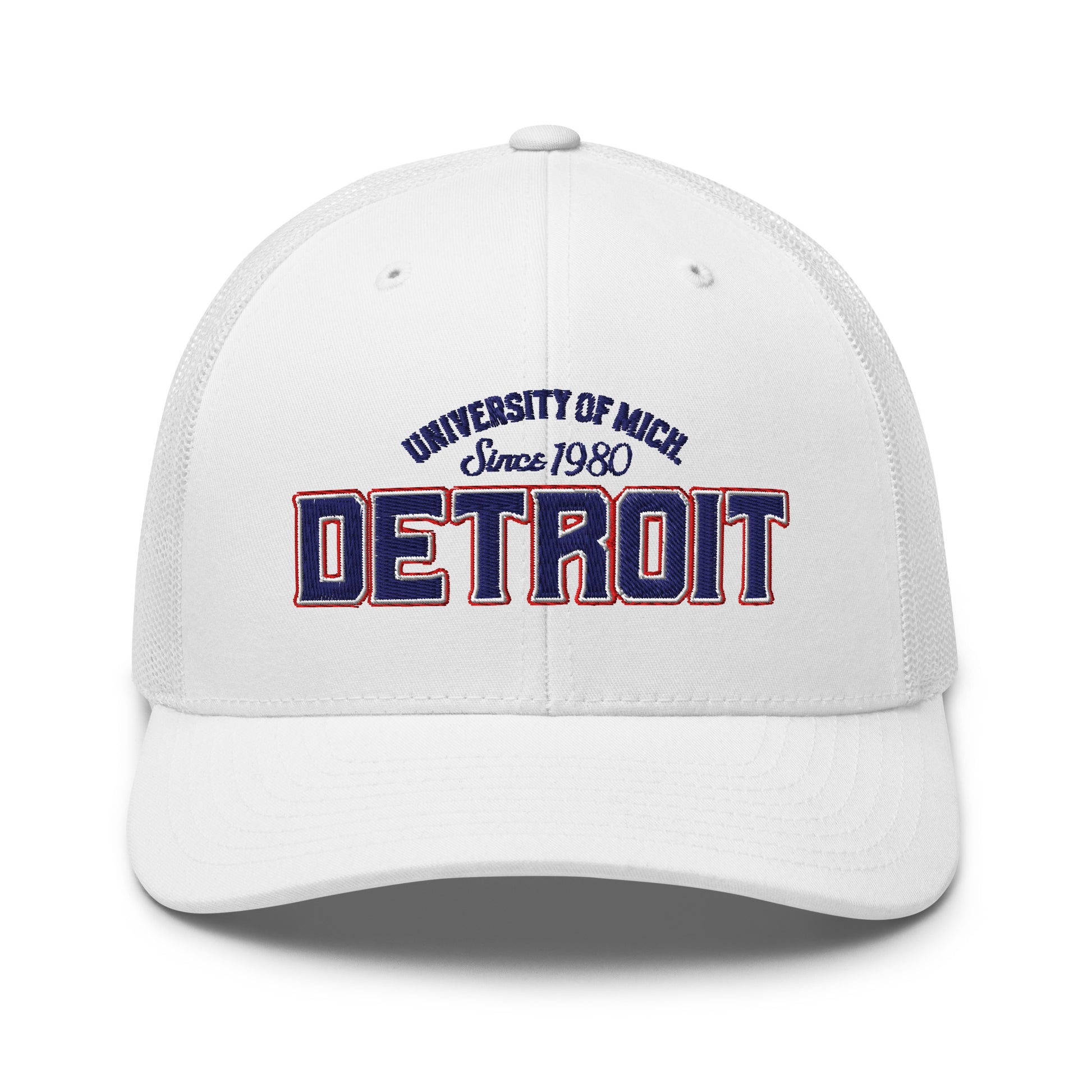 White trucker cap with "University of Mich. Since 1980 Detroit" embroidered on the front.