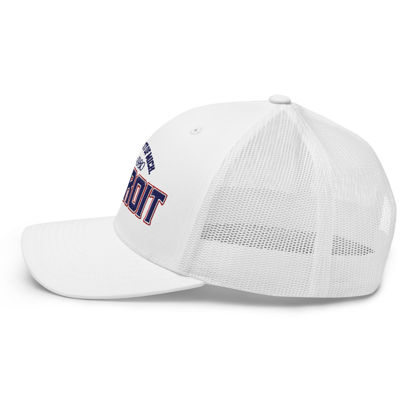 White trucker cap with "Detroit" and "University of Mich 1980" embroidered on the front.
