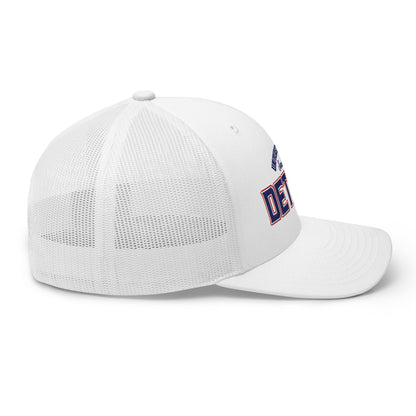 White trucker cap with "DET" embroidered in blue and red.