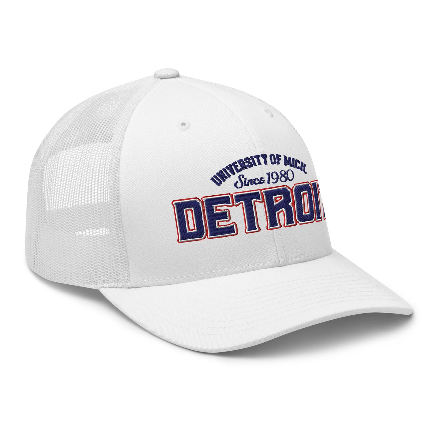 White trucker cap with "Detroit" and "University of Mich Since 1980" embroidery.