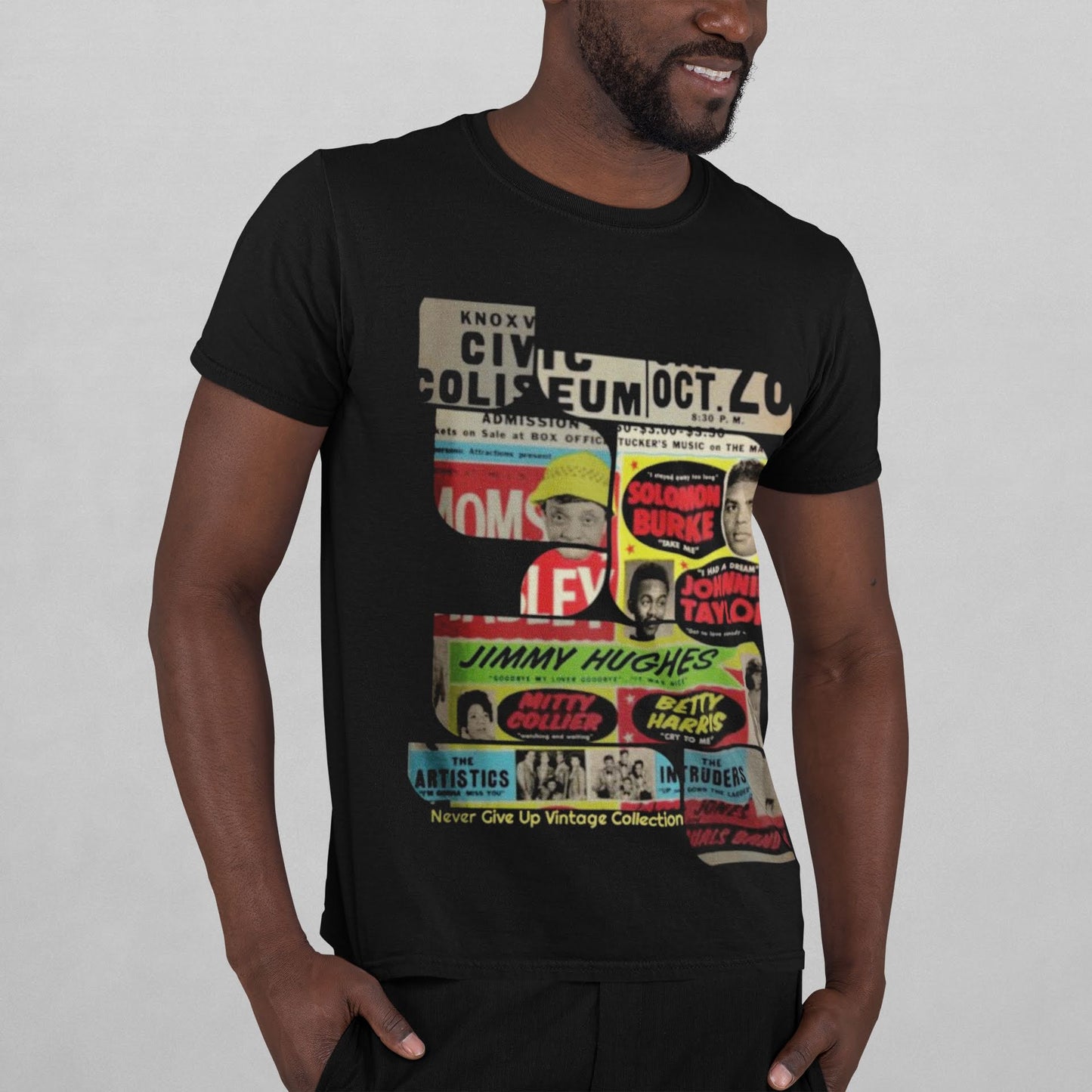 Black t-shirt with a vintage concert poster graphic featuring Moms Mabley.