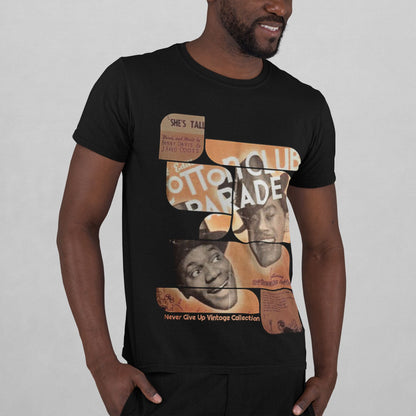 Black t-shirt with a vintage Cotton Club graphic featuring two men and text.