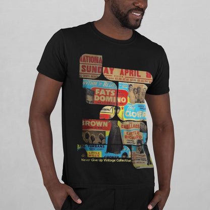 Black t-shirt with a collage of vintage concert posters featuring Fats Domino.