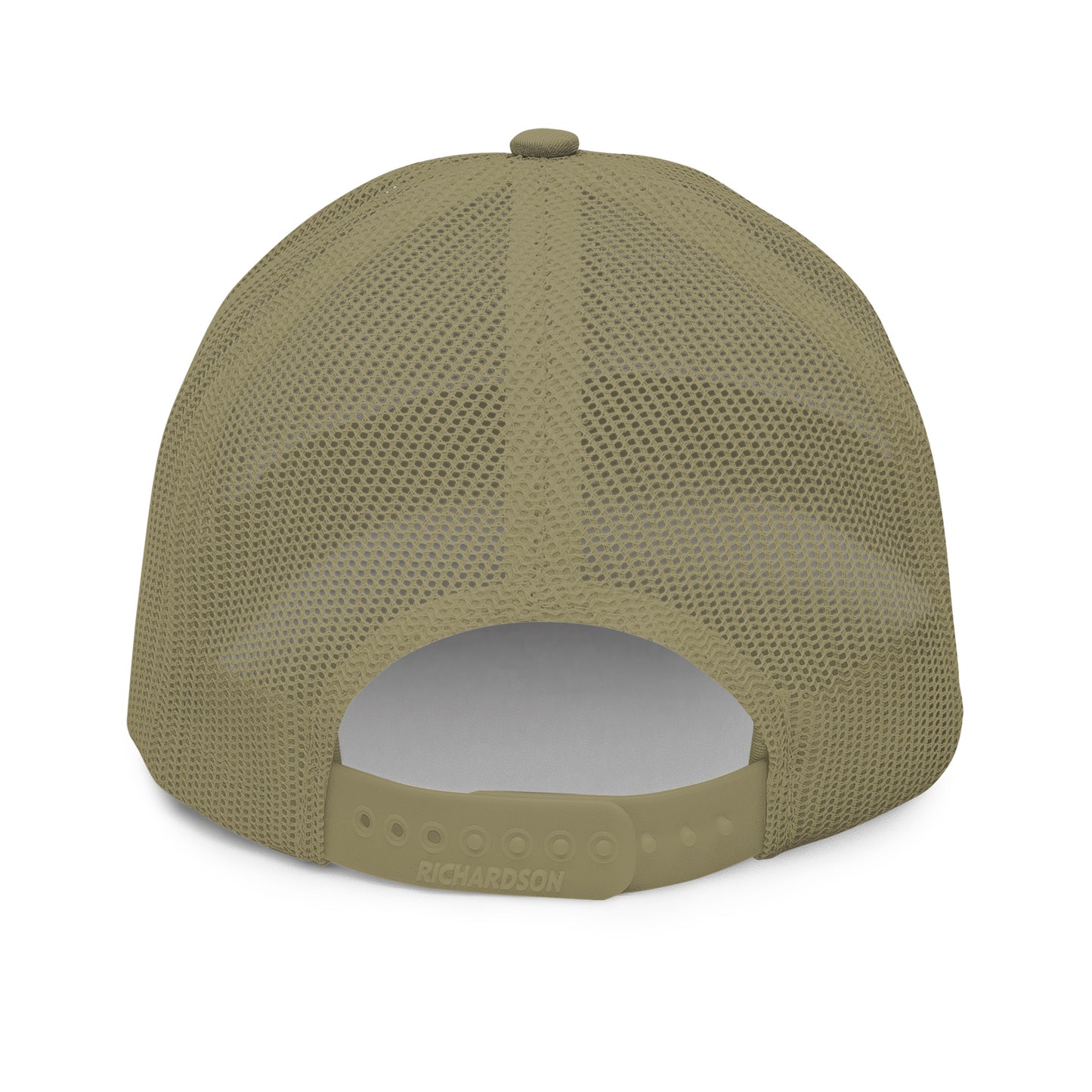 Trucker cap with a mesh back and adjustable snapback.
