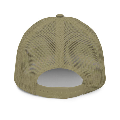 Trucker cap with a mesh back and adjustable snapback.
