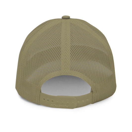 Trucker cap with a mesh back and adjustable snapback.