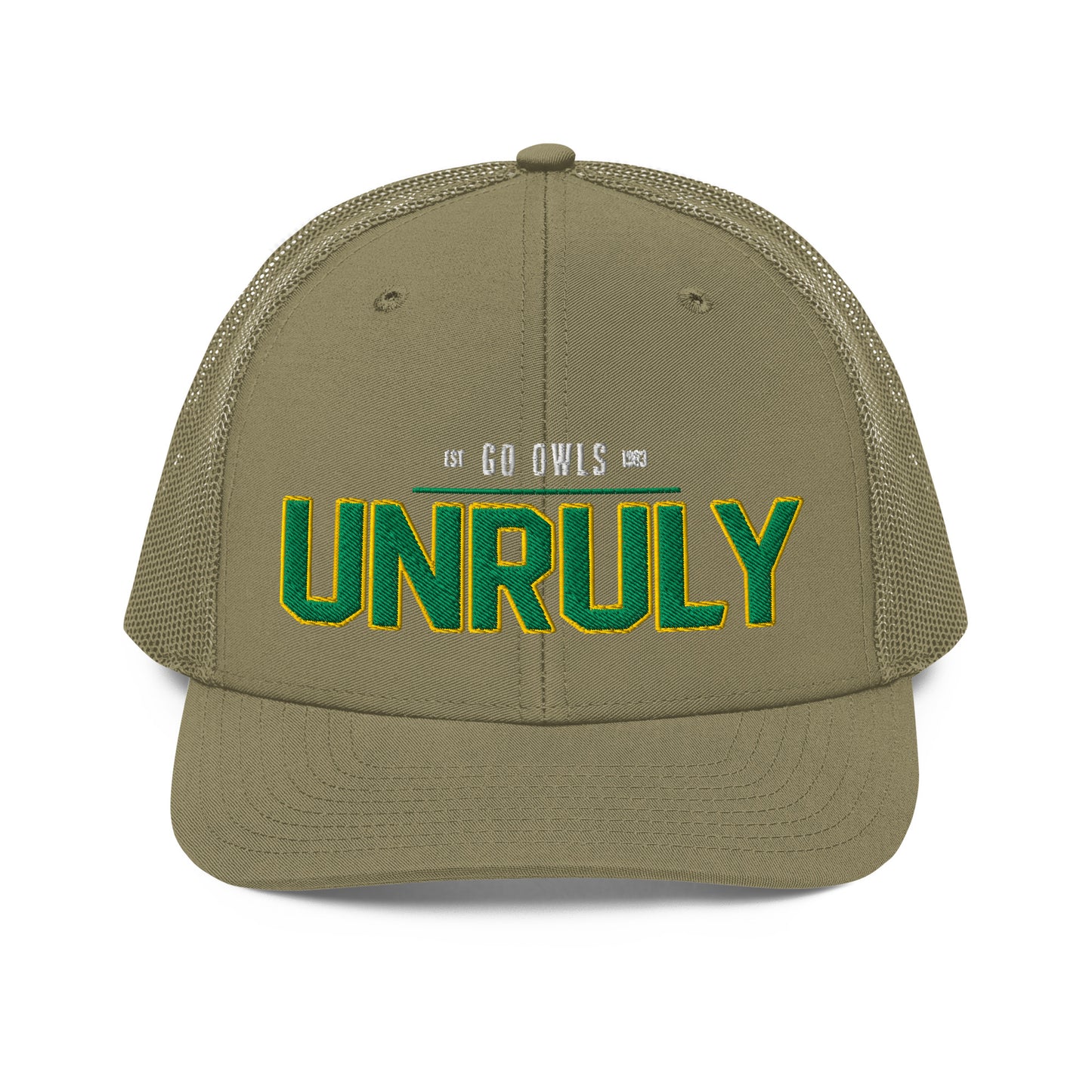 Olive green trucker cap with "UNRULY" embroidered in green and yellow.