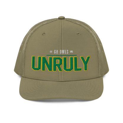 Olive green trucker cap with "UNRULY" embroidered in green and yellow.