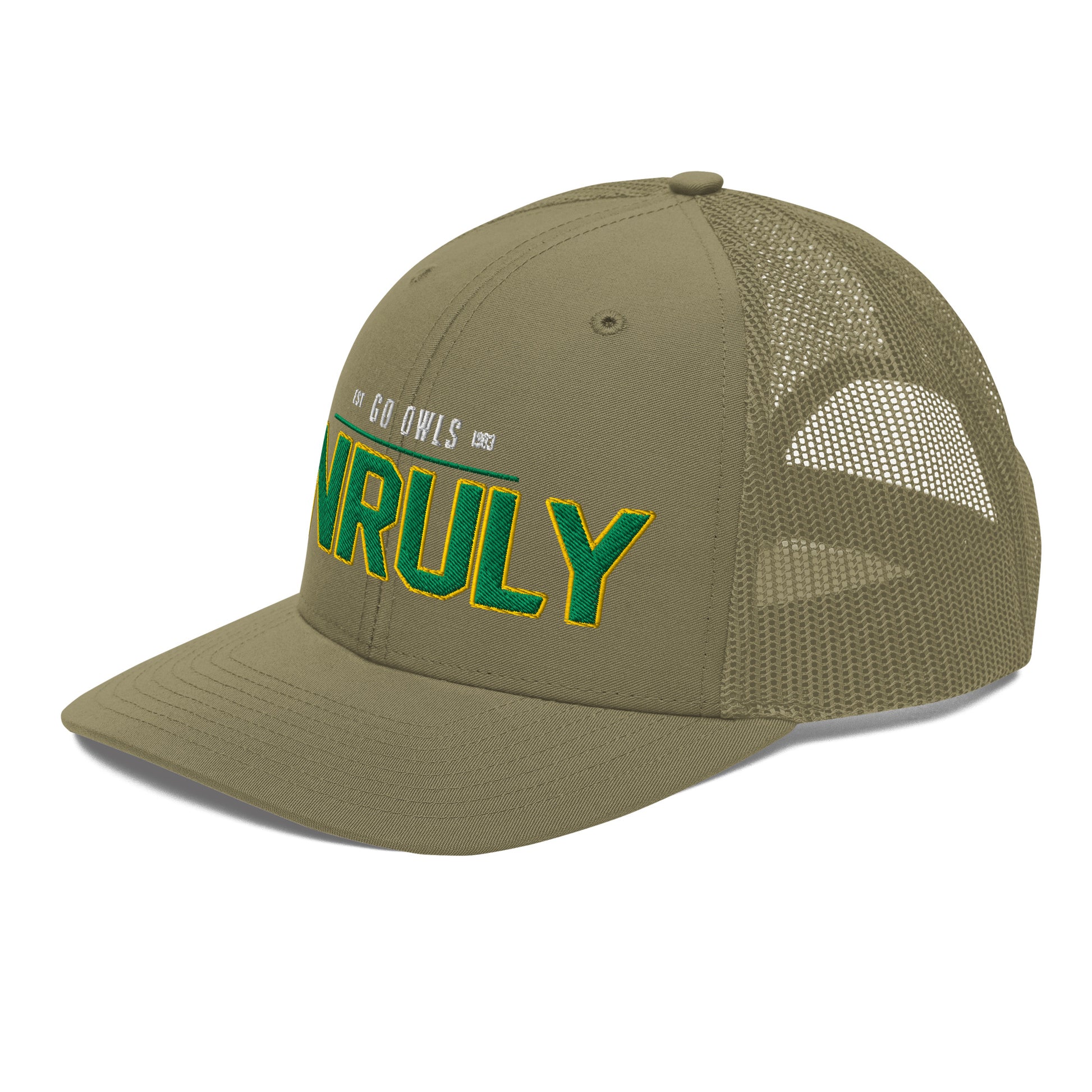 A khaki trucker cap with green and yellow embroidery.