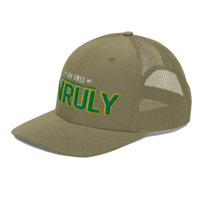 A khaki trucker cap with green and yellow embroidery.