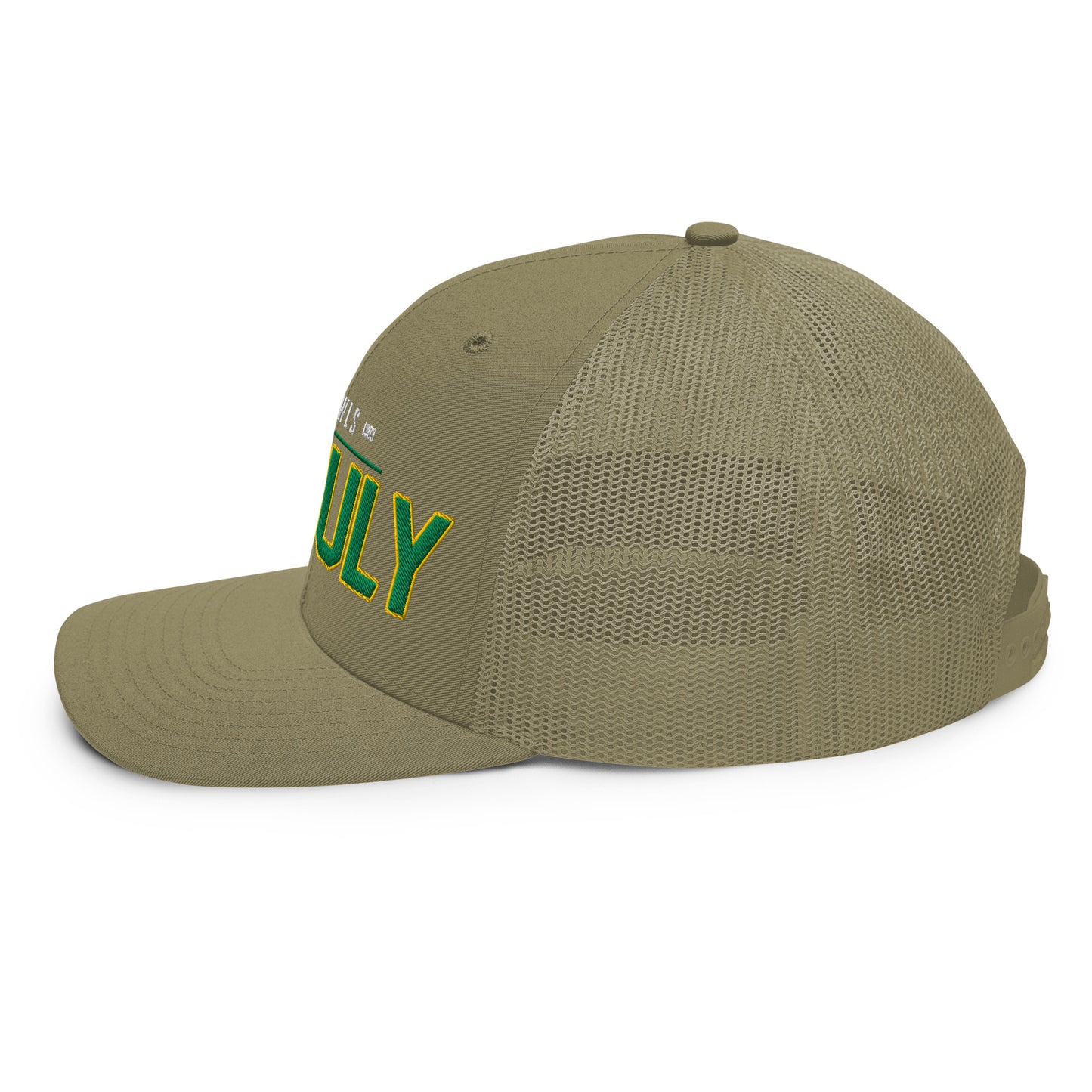 Trucker cap with embroidered text and a mesh back.