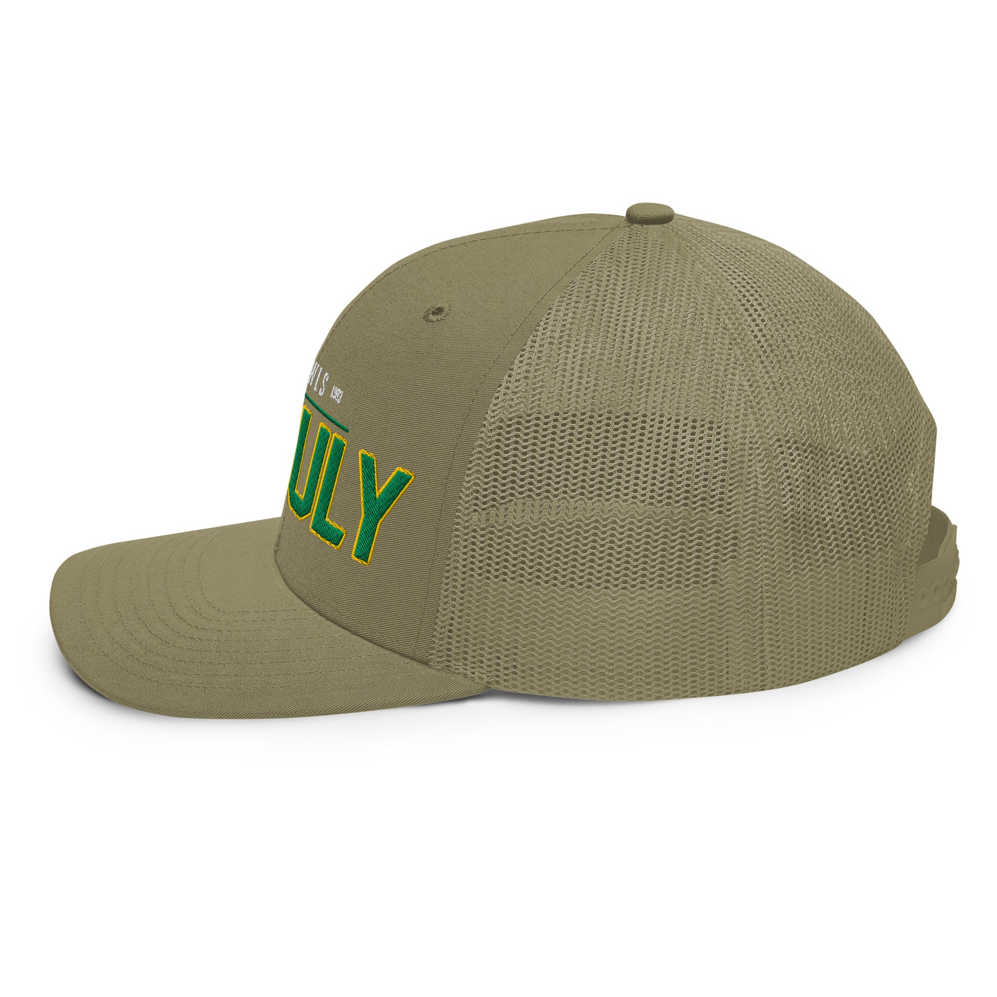 Trucker cap with embroidered text and a mesh back.
