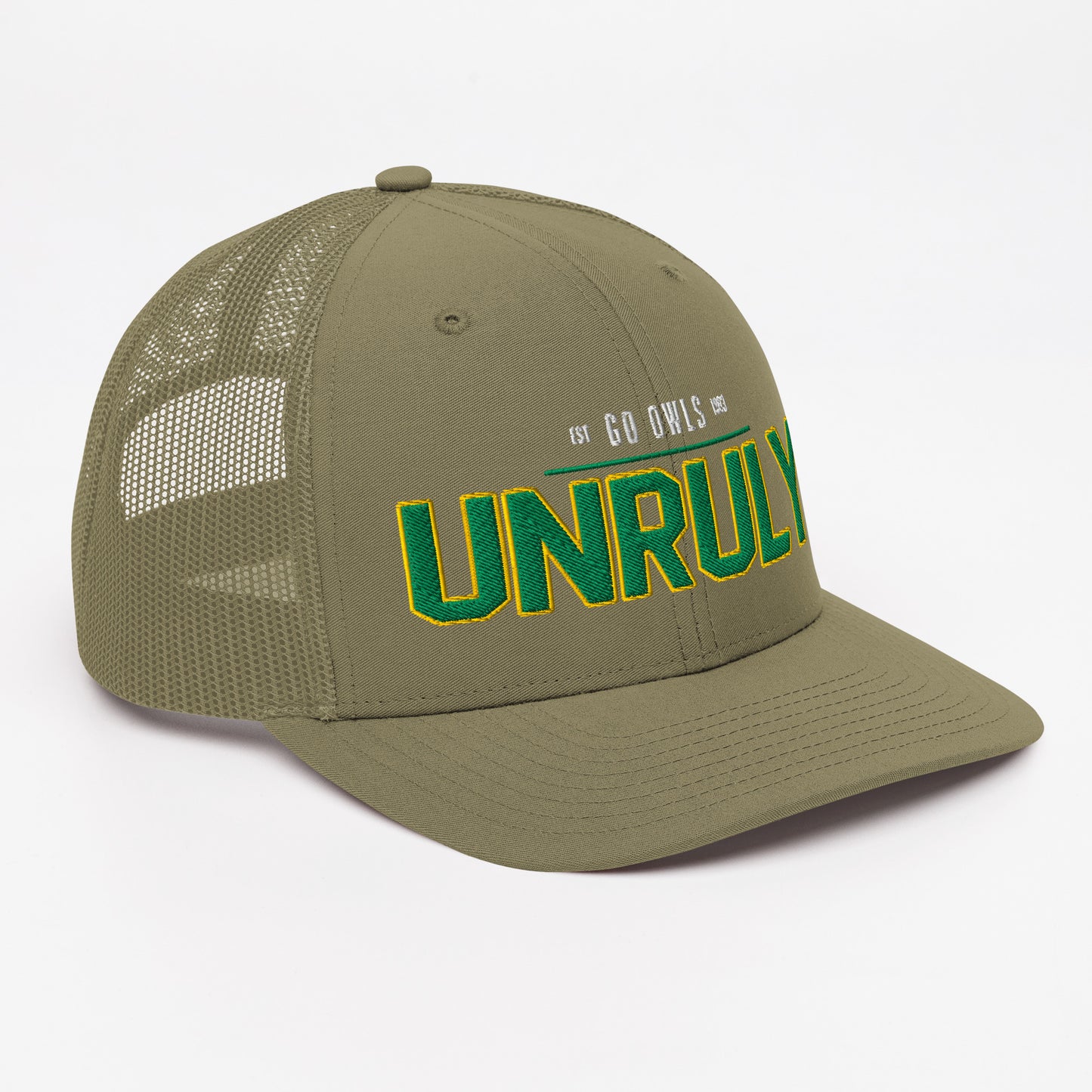 A green trucker cap with "UNRULY" embroidered in green and yellow.