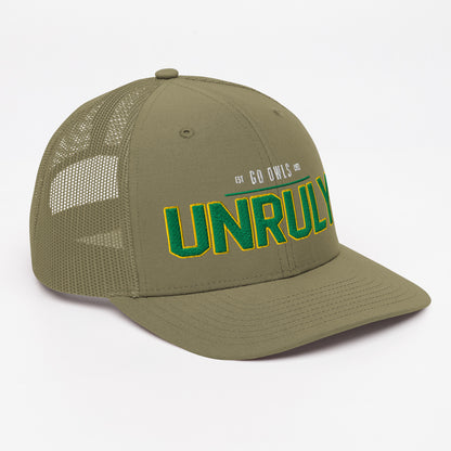 A green trucker cap with "UNRULY" embroidered in green and yellow.