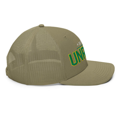 Khaki trucker cap with green and yellow embroidered text.