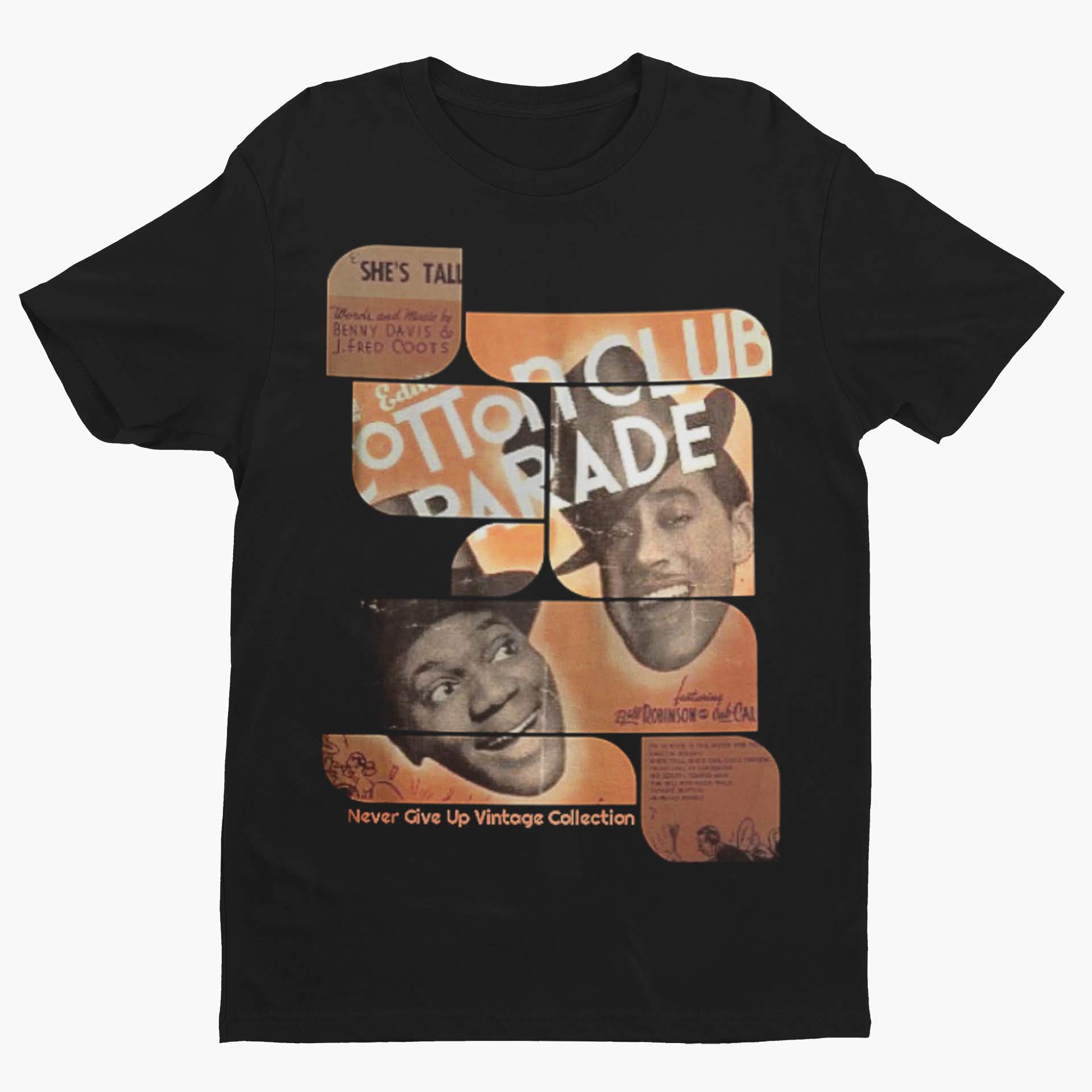 Black t-shirt with a vintage "Cotton Club Parade" graphic featuring two men.