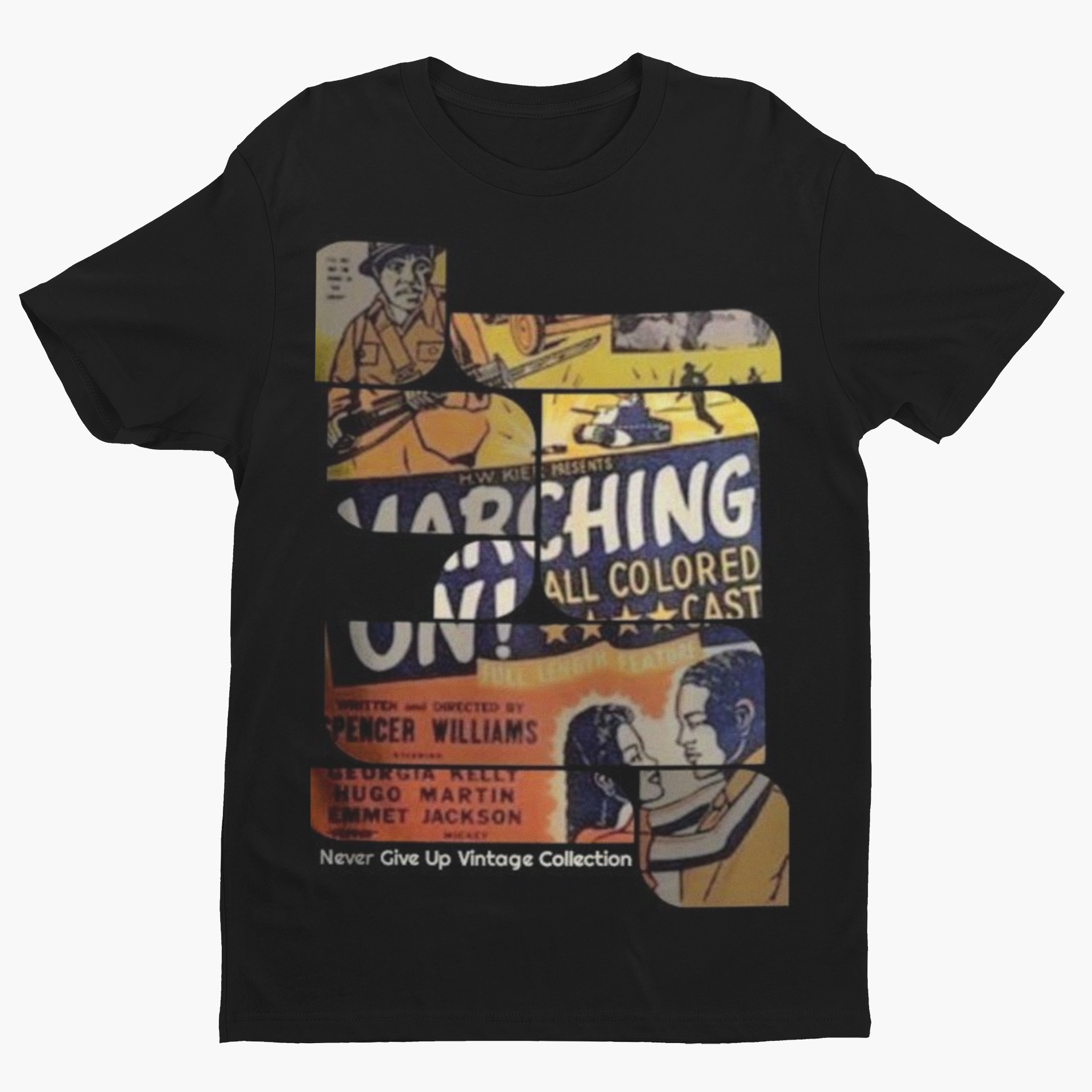 Black t-shirt with a vintage movie poster graphic for "Marching On!".