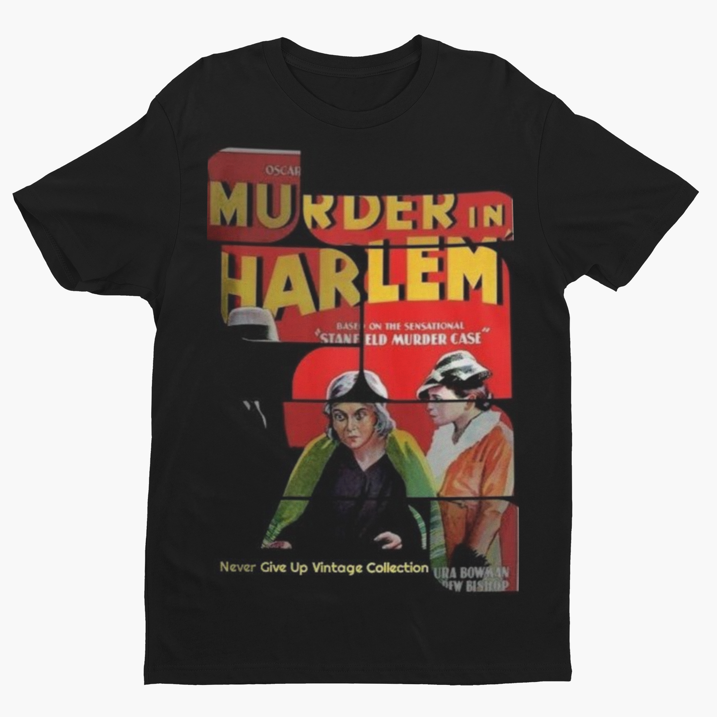 Black t-shirt with "Murder In Harlem" vintage movie poster graphic.