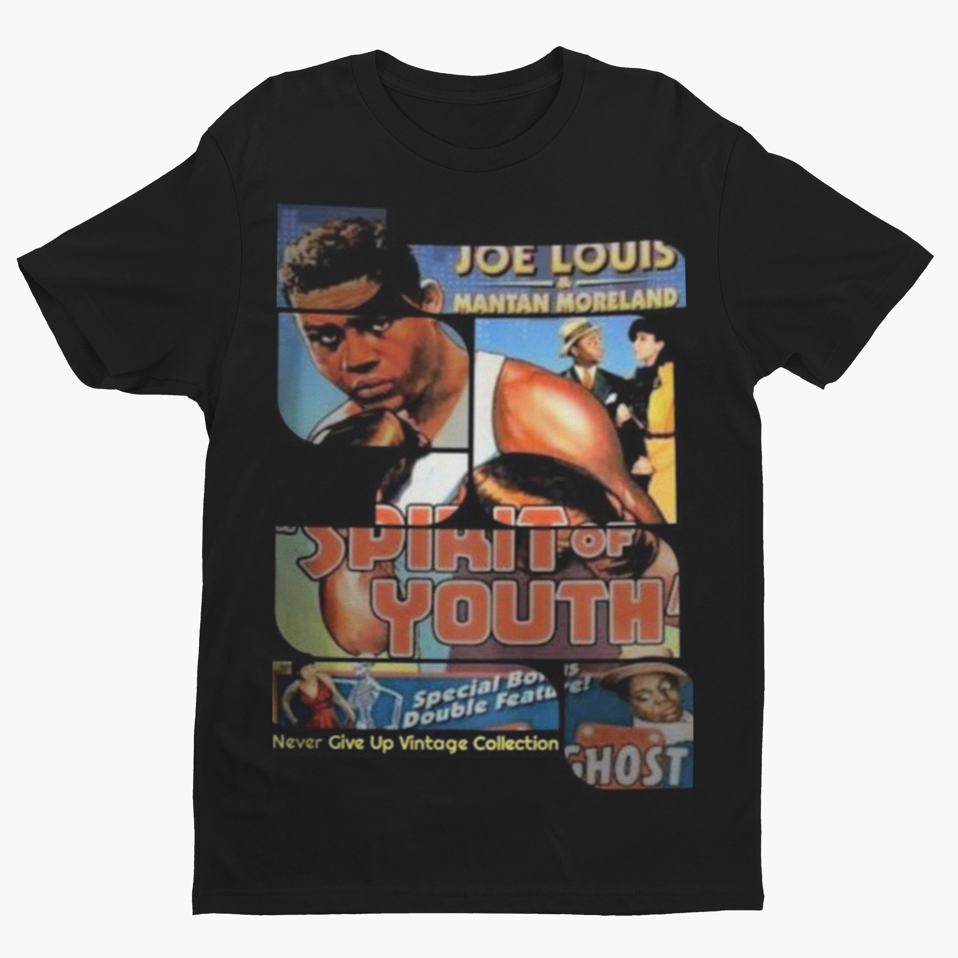 Black t-shirt with a collage graphic featuring Joe Louis and "Spirit of Youth" text.