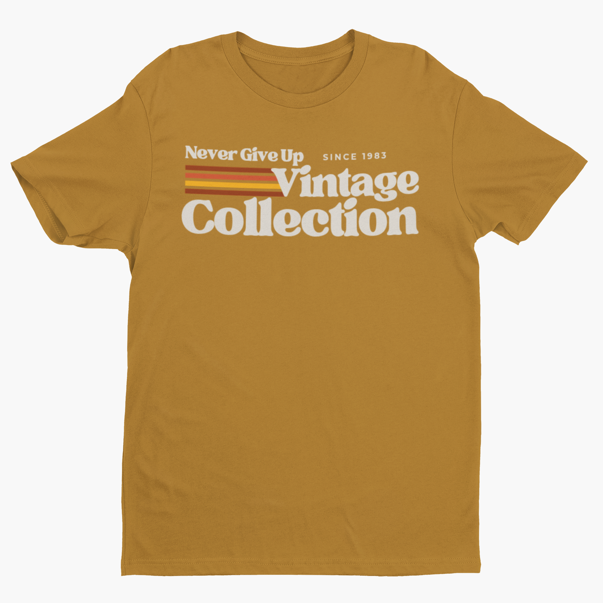 A mustard yellow t-shirt with "Never Give Up Vintage Collection Since 1983" text.