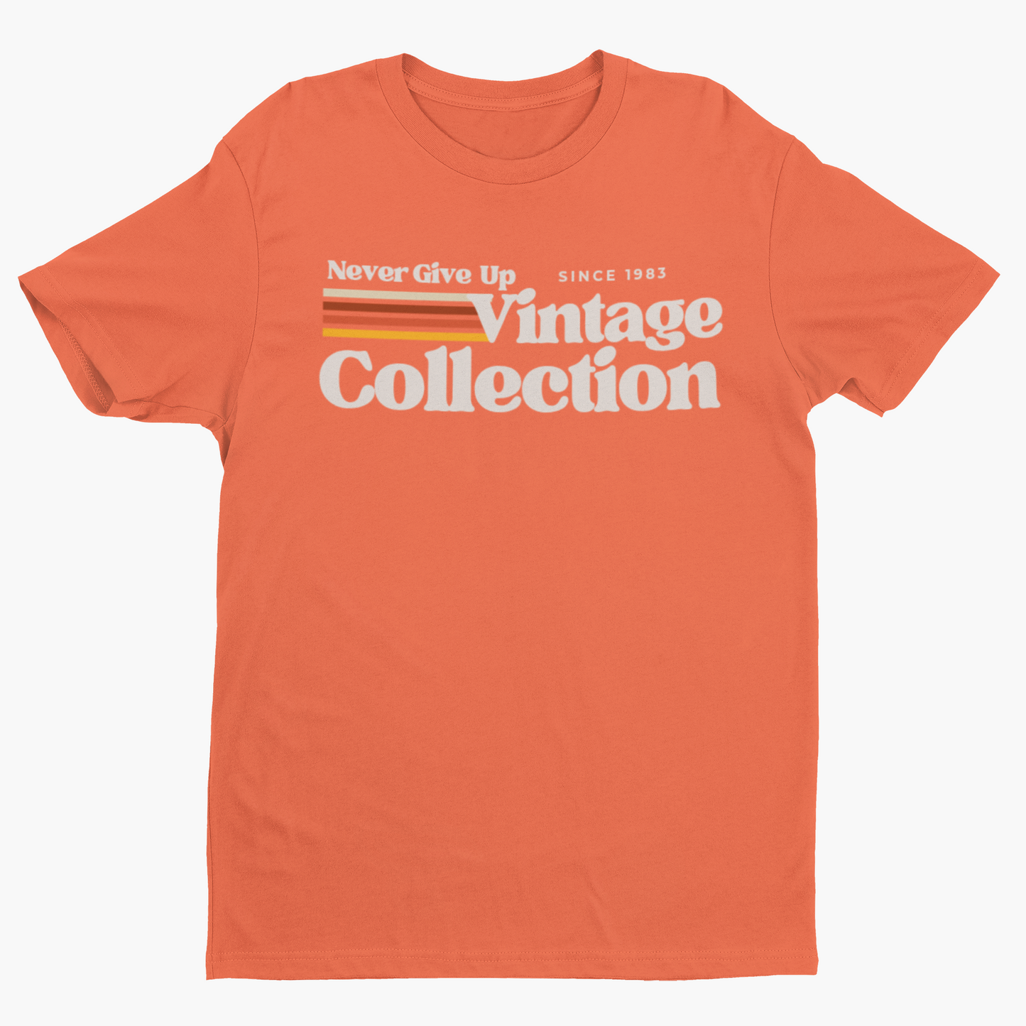 Orange t-shirt with "Never Give Up Vintage Collection Since 1983" graphic.
