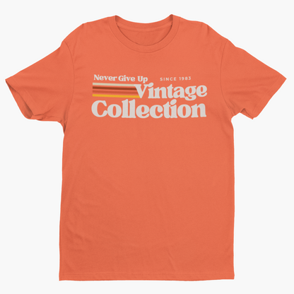 Orange t-shirt with "Never Give Up Vintage Collection Since 1983" graphic.