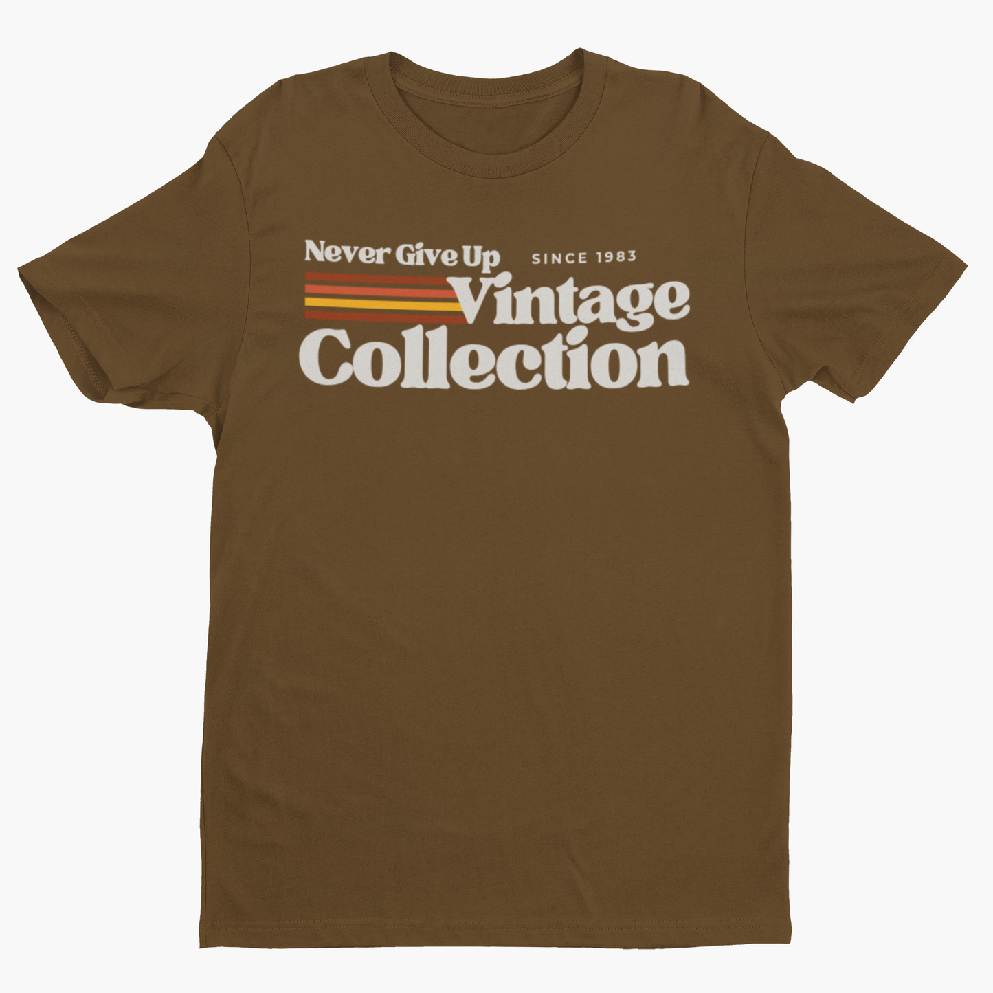 Brown t-shirt with "Never Give Up Vintage Collection Since 1983" graphic.