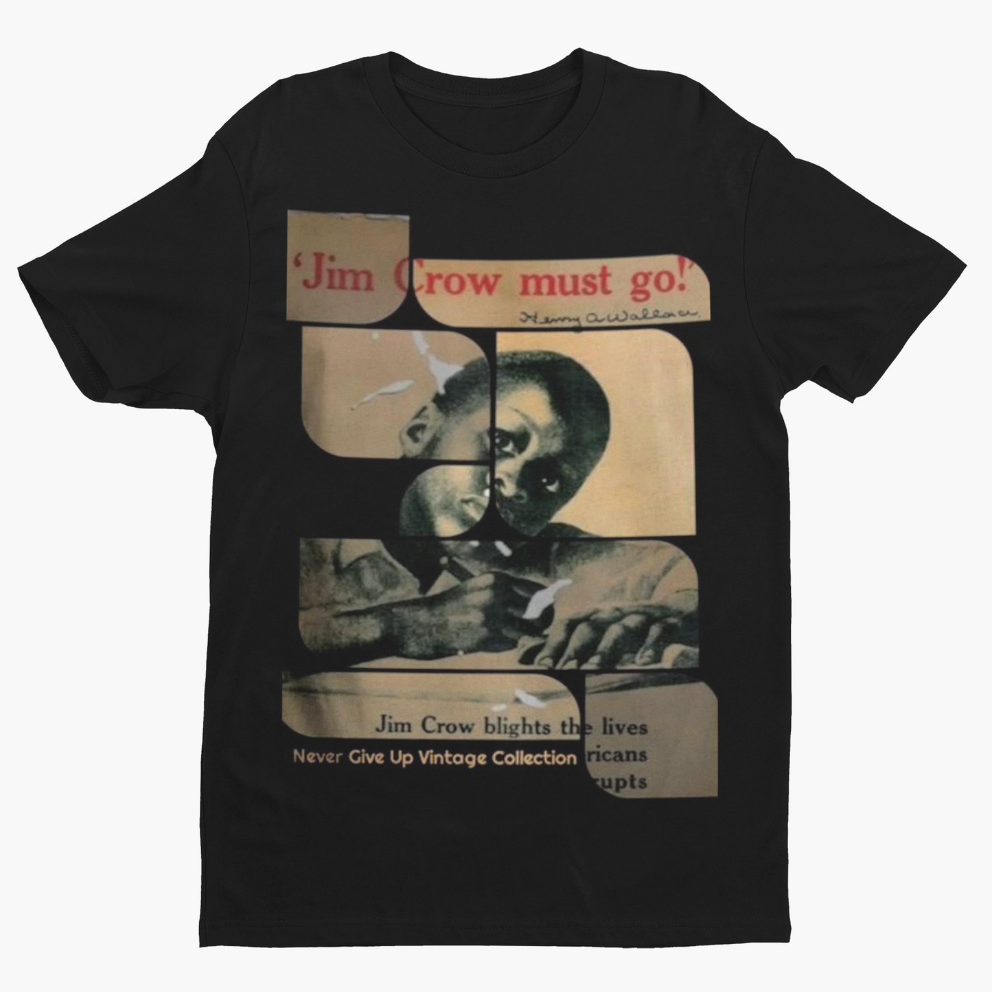 Black t-shirt with "Jim Crow Must Go!" graphic and a portrait of a young person.