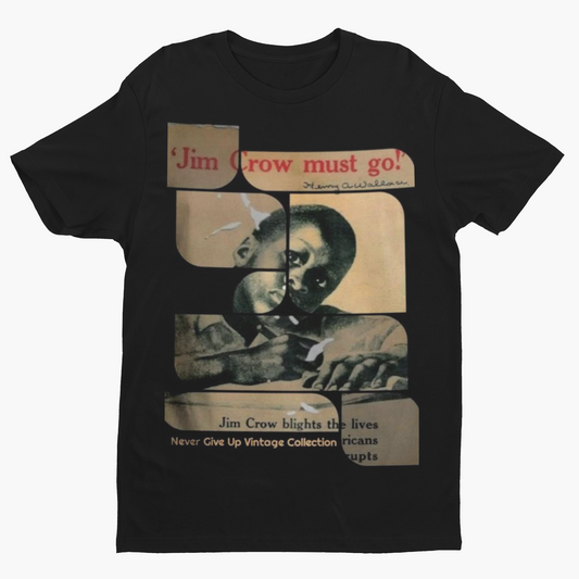Black t-shirt with "Jim Crow Must Go!" graphic and a portrait of a young person.