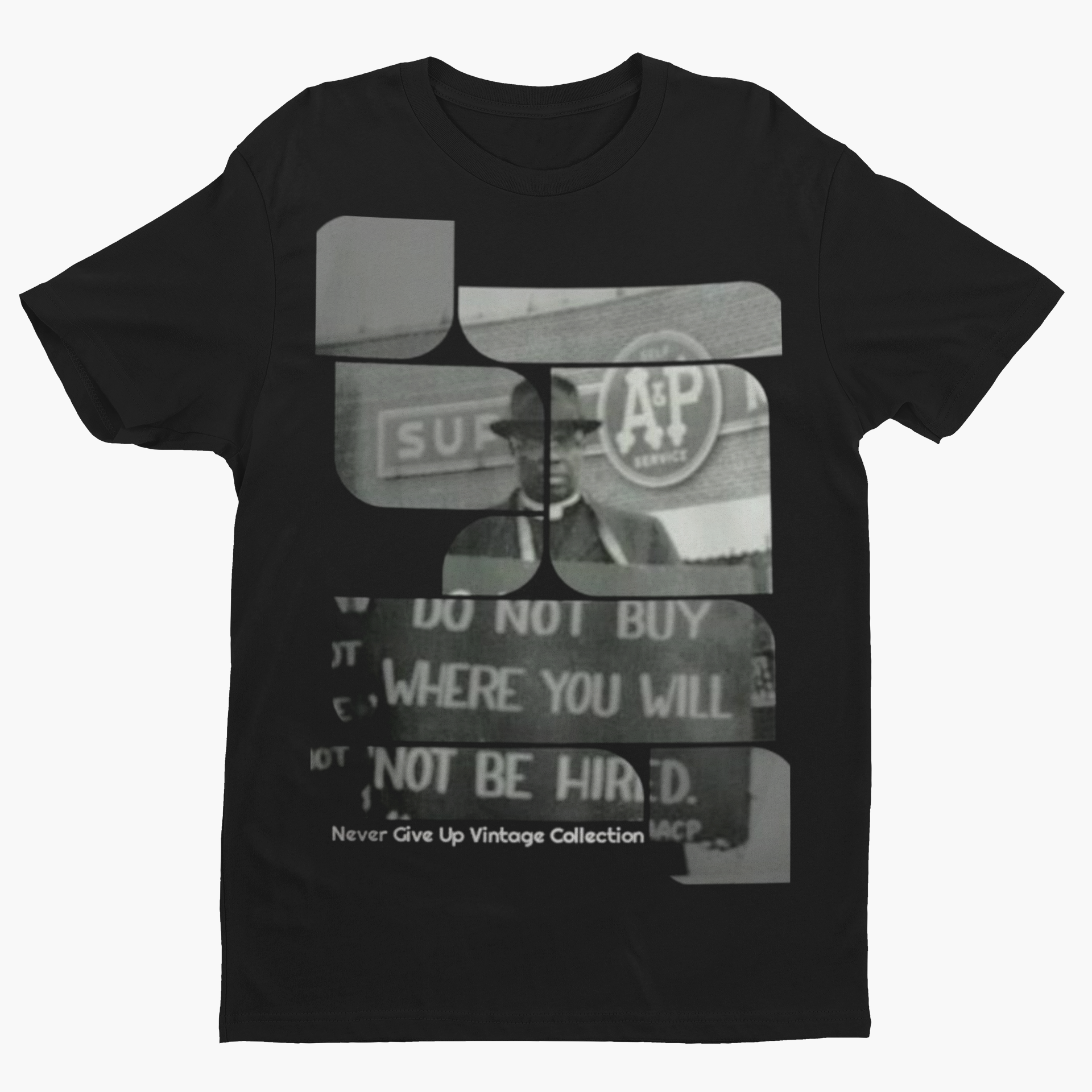 Black t-shirt with a vintage black and white graphic of a man and protest signs.