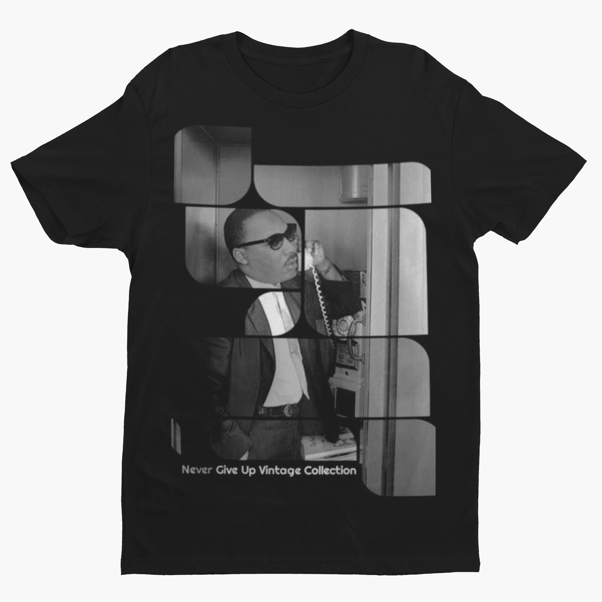 Black t-shirt with a black and white image of Martin Luther King Jr. on a payphone.