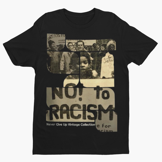 A black t-shirt with a collage of vintage protest images and the text "NO! TO RACISM".