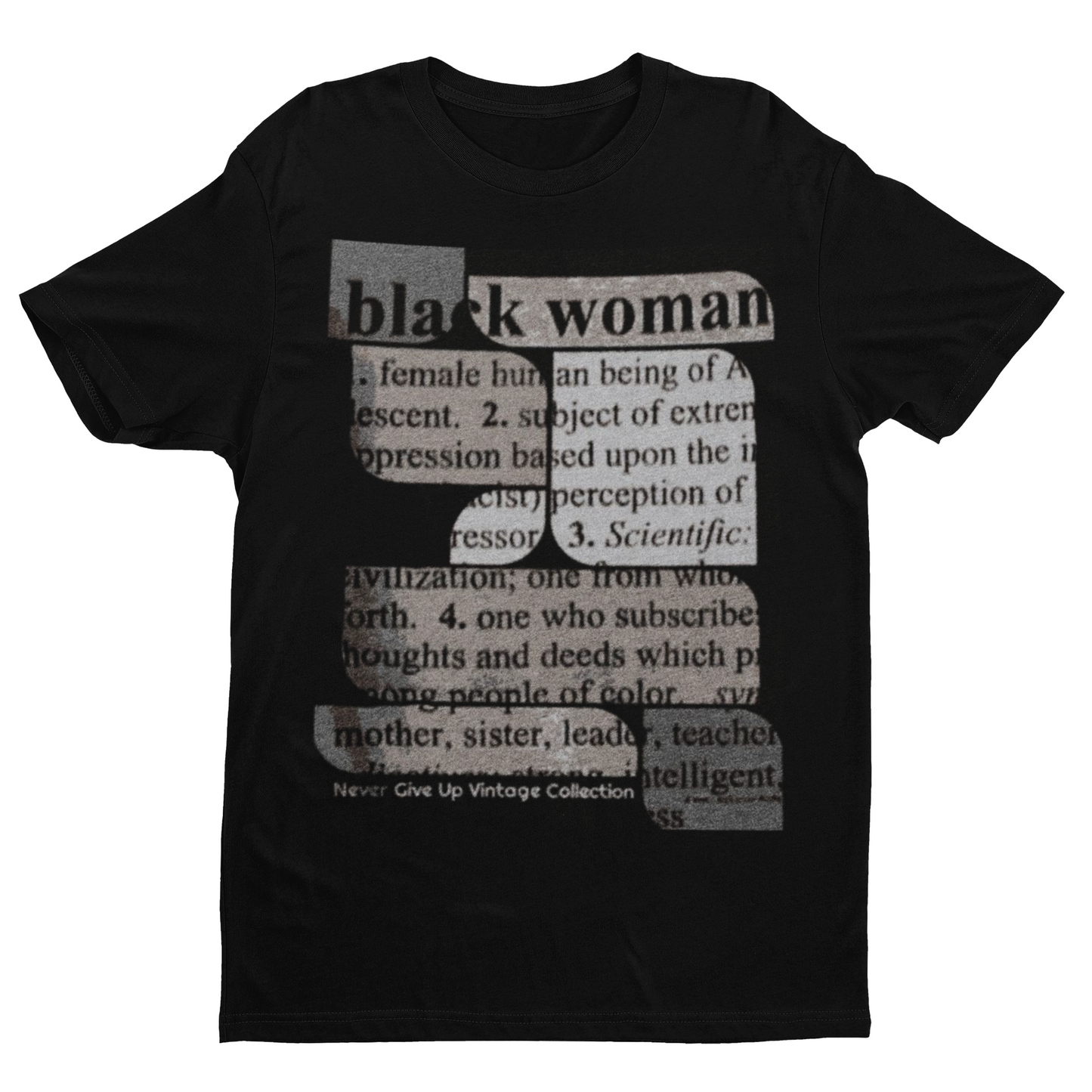 Black unisex t-shirt with a newspaper-style definition of "black woman" printed on the front.