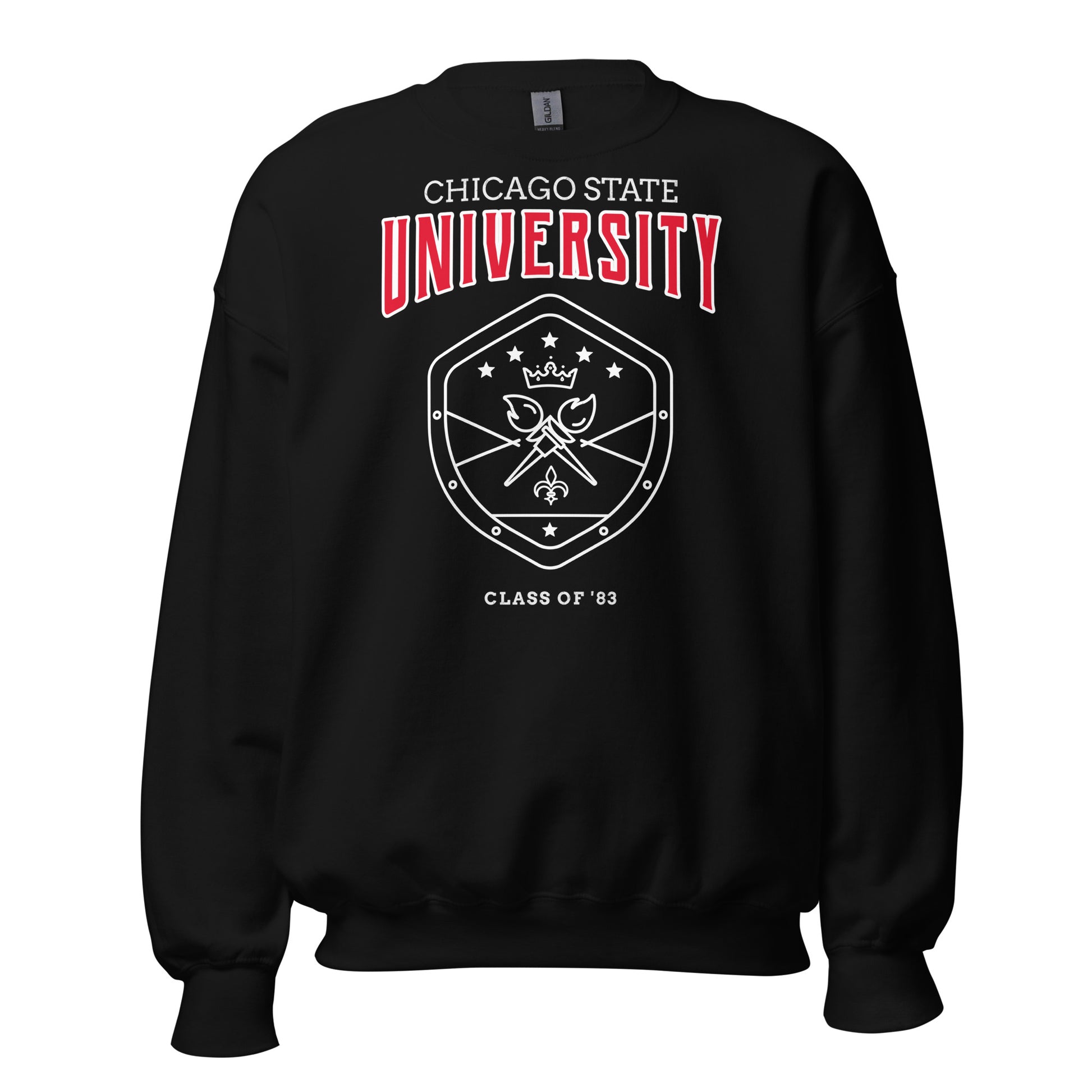 Black Chicago State University sweatshirt with vintage crest and "Class of '83".