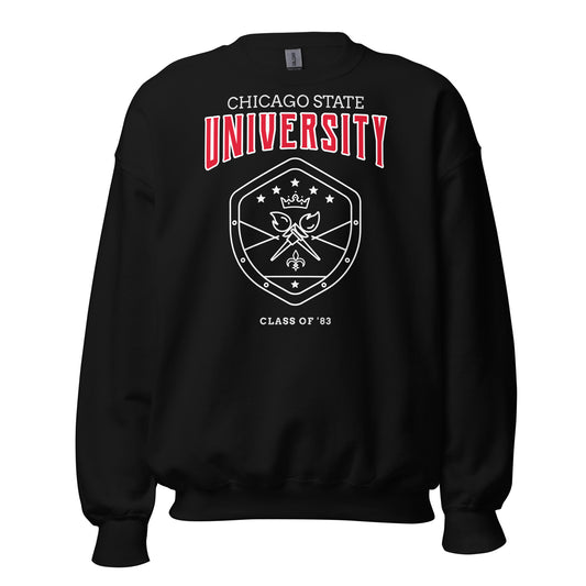 Black Chicago State University sweatshirt with vintage crest and "Class of '83".